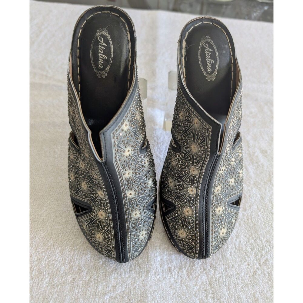Atalina Size40 Black Silver Rhinestone Wedge Slide Sandals Cutout Boho